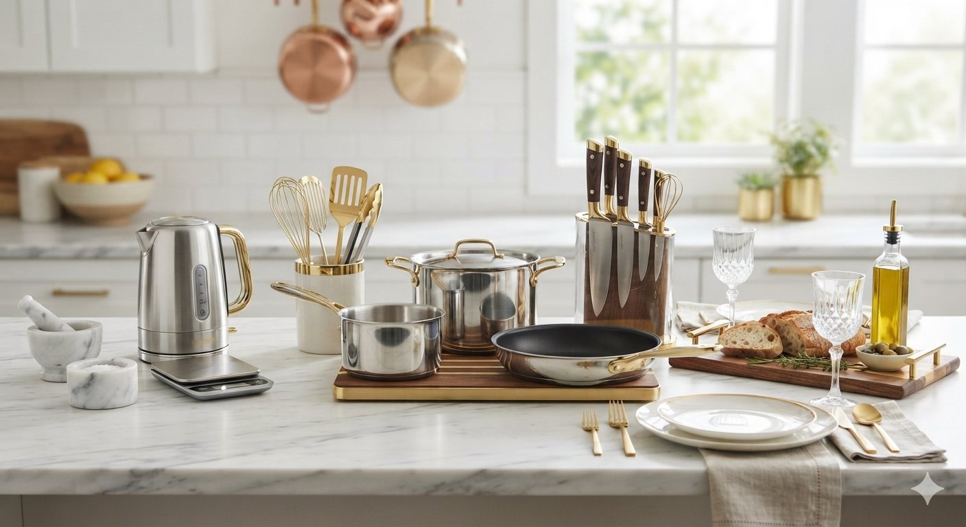 Premium culinary arrangement highlighting high-end kitchen gadgets and accessories, cookware tools, and premium dining elements at The Reviews Pulse