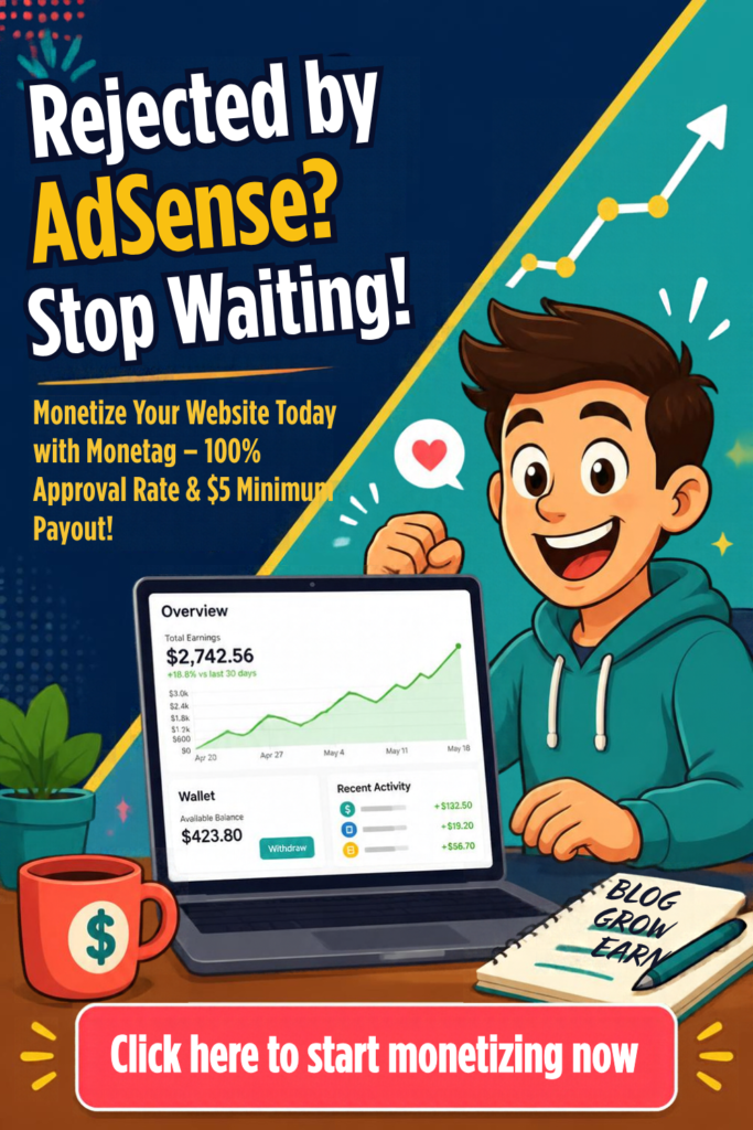 Vibrant cartoon illustration from our Monetag review for beginners showing a cheerful creator celebrating high ad revenues on their website screen.