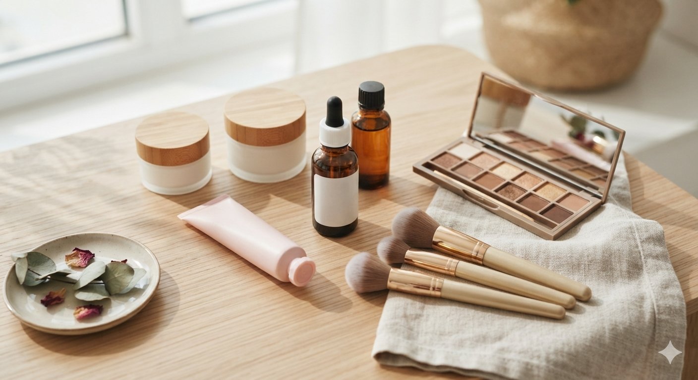 The Reviews Pulse Ultimate Beauty Essentials Showcase Premium beauty collection showcase featuring skincare serums, neutral eyeshadow palettes, and cosmetics brushes at The Reviews Pulse