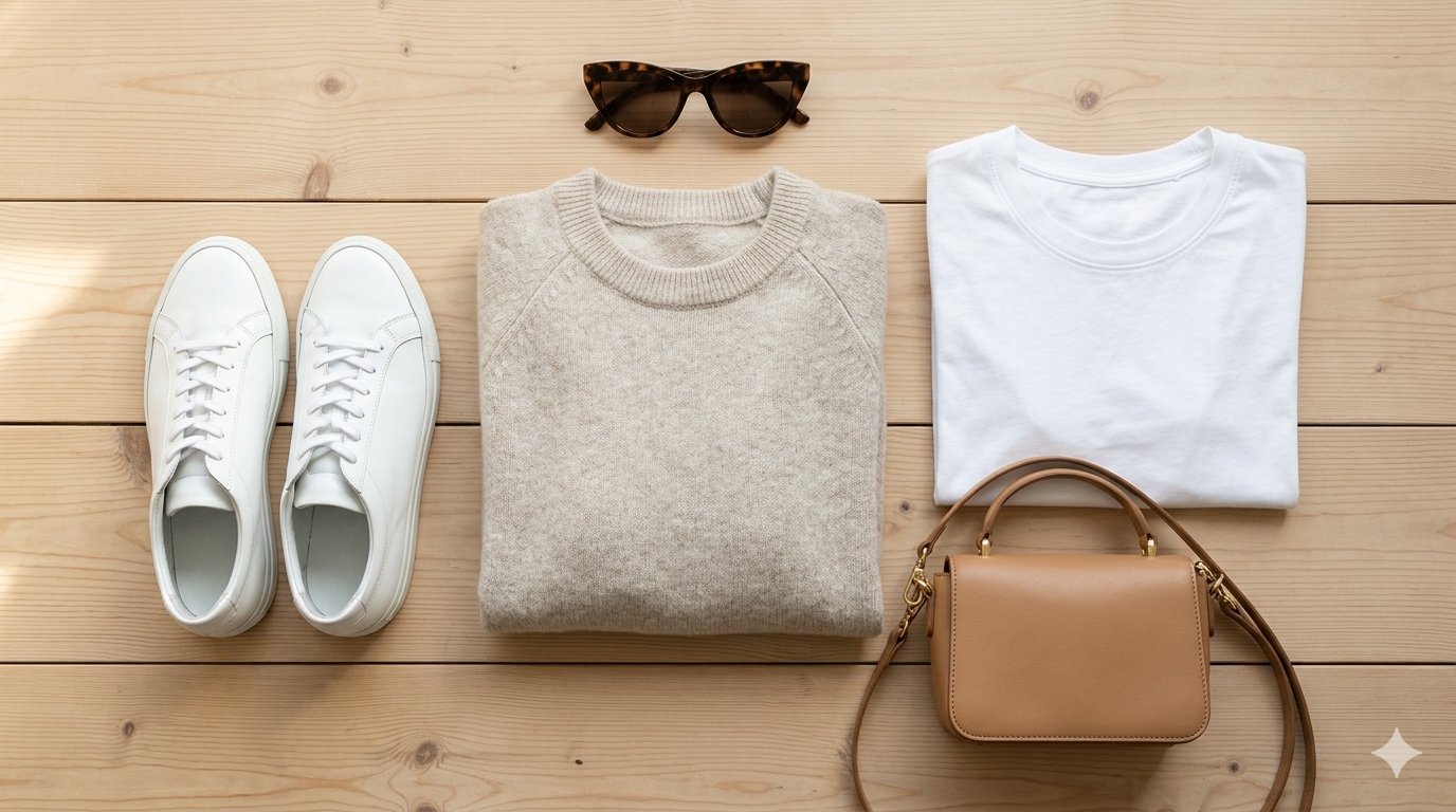 Curated flat-lay lifestyle layout showcasing essential pieces from our capsule wardrobe checklist at The Reviews Pulse