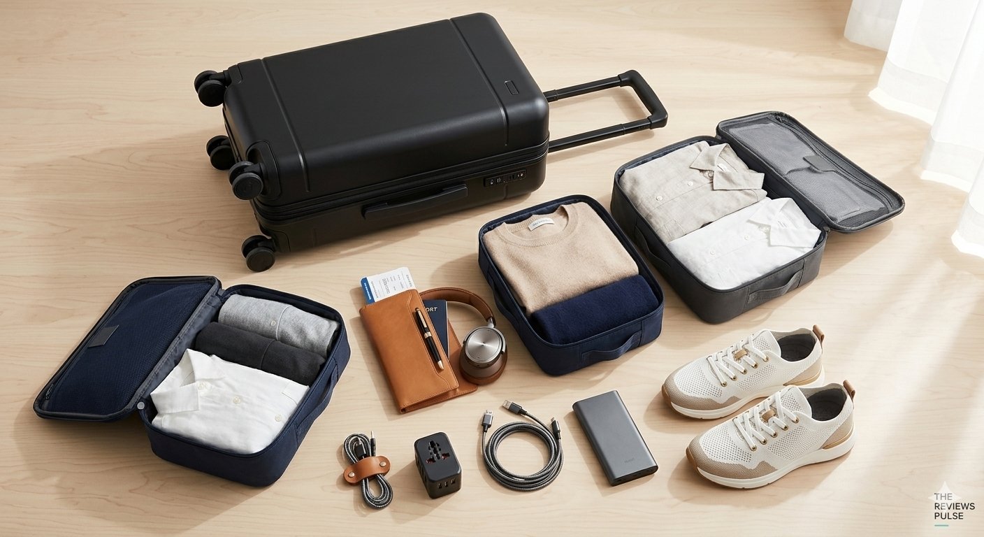 Premium travel essentials collection featuring durable luggage, heavy-duty packing organizers, and smart transit gear at The Reviews Pulse