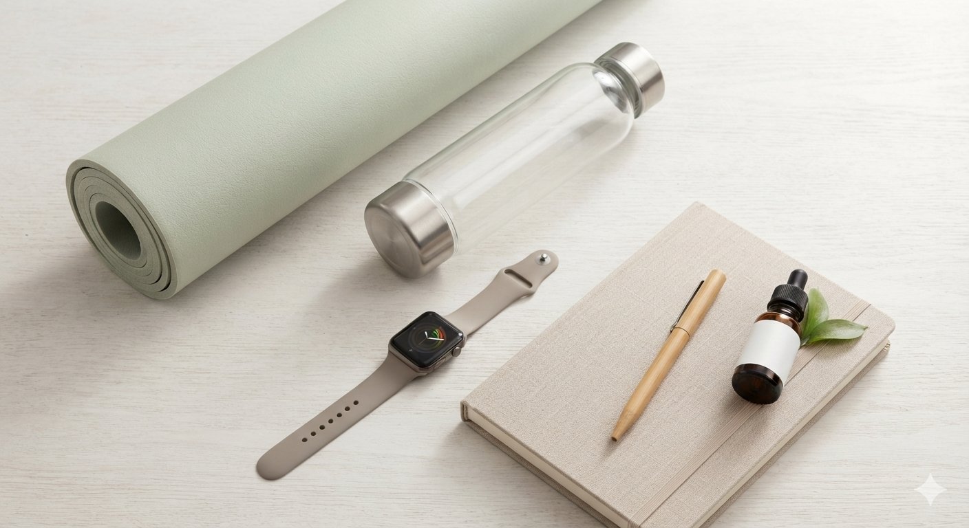 Must Have Wellness Products including a yoga mat, water bottle, fitness tracker, journal, and relaxation essentials